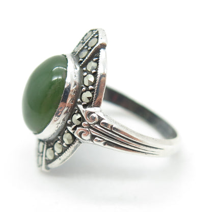 UNCAS 925 Sterling Silver Antique USA Real Jade & Marcasite Gem Ring Size 3.25