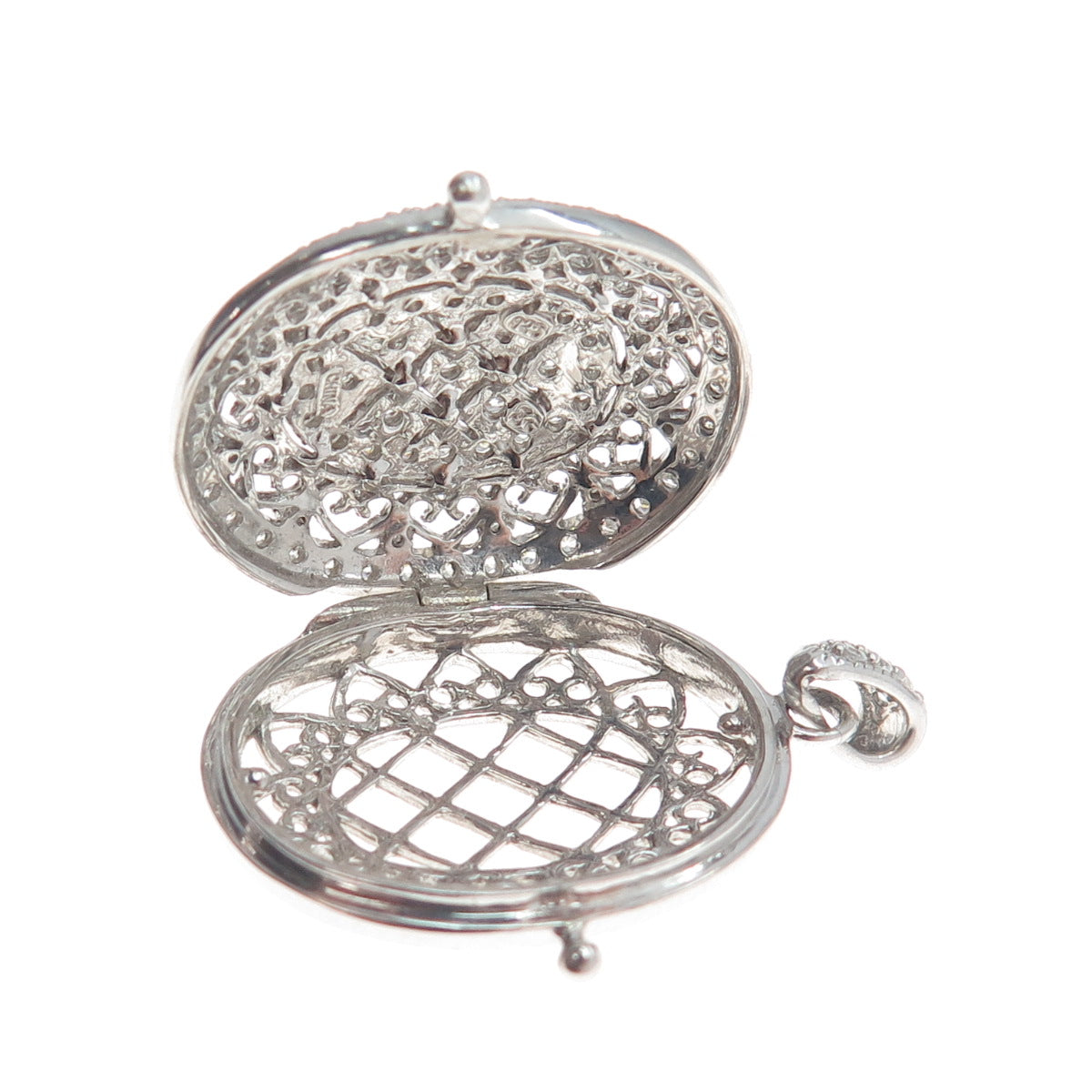 925 Sterling Silver Round-Cut Shaped C Z Ornate Oval Locket Pendant
