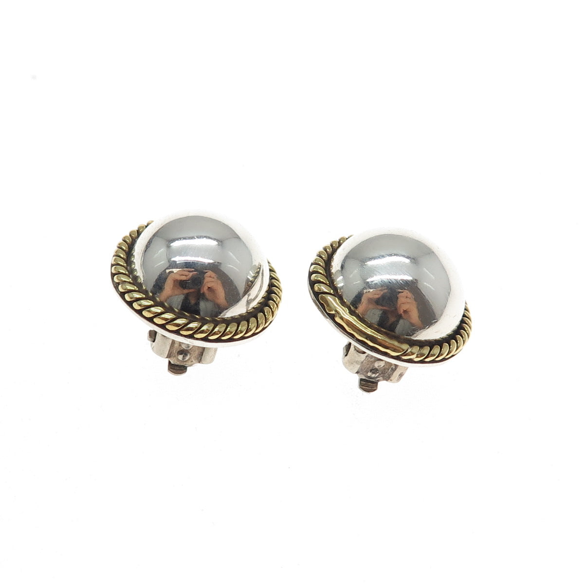 925 Sterling Silver 2-Tone Vintage Mexico Modernist Dome Clip On Earrings