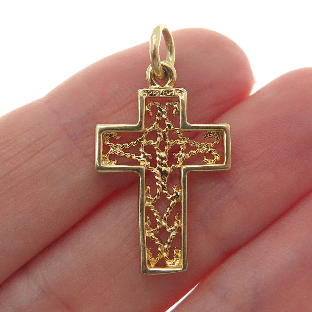 925 Sterling Silver Gold Plated Roped Cross Charm Pendant