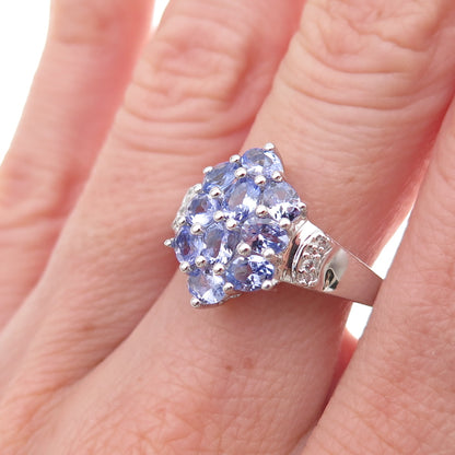 925 Sterling Silver Real Tanzanite & White Topaz Cluster Ring Size 8
