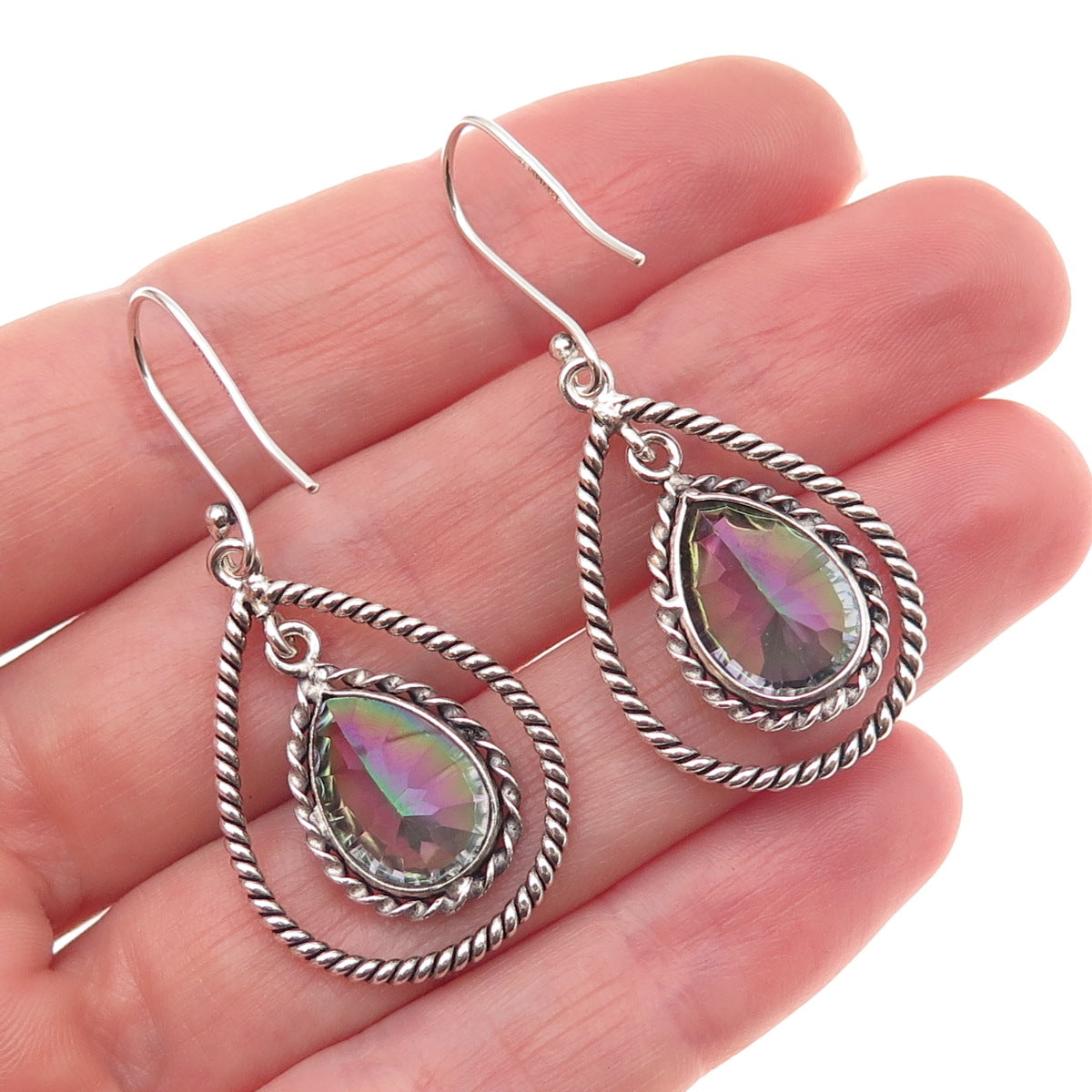 925 Sterling Silver Real Pear-Cut Mystic Quartz Oxidized Dangle Earrings