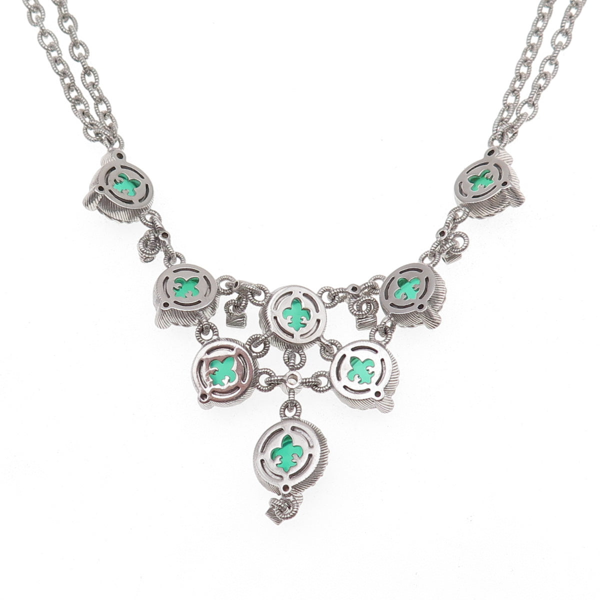 Judith Ripka 925 Sterling Silver Real Green Onyx & C Z Double Chain Necklace 18"