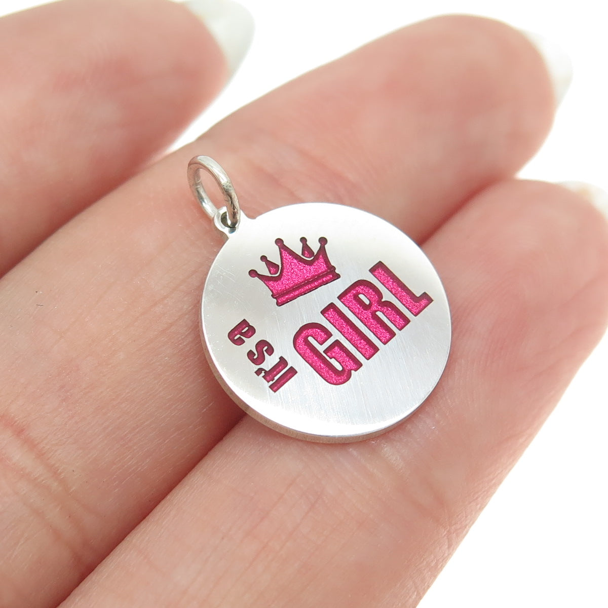 925 Sterling Silver Pink Enamel "It's a Girl" Round Tag Minimalist Charm Pendant