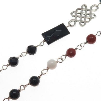 925 Sterling Silver Vintage Black & White Onyx Carnelian Turquoise Necklace 16"
