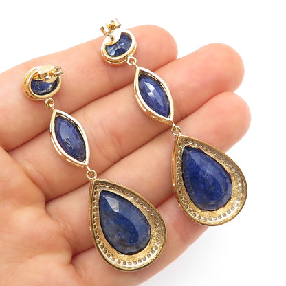 925 Sterling Silver Gold Plated Real Diamond & Sapphire Teardrop Dangle Earrings