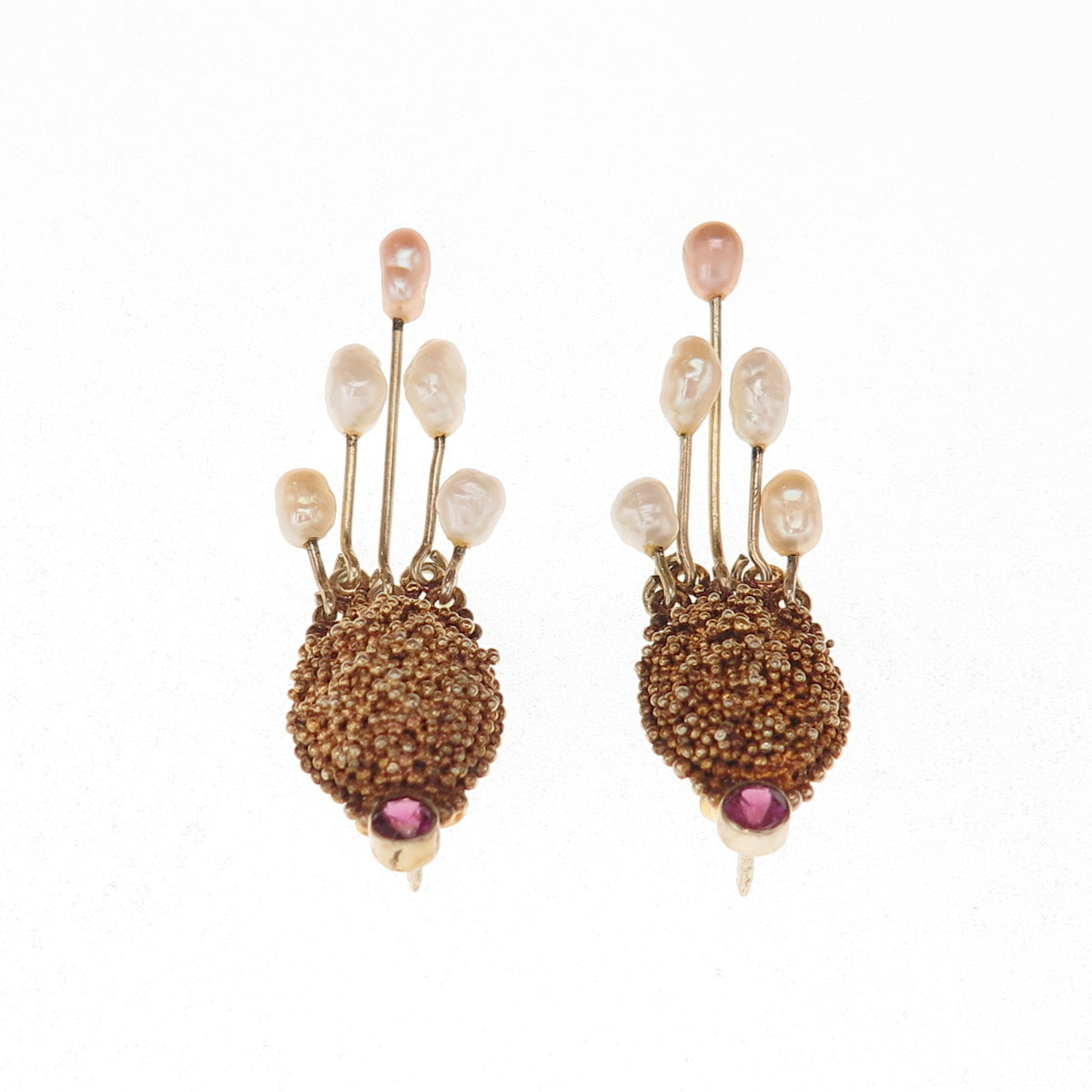 925 Sterling Silver Gold Plated Vintage Real Pearl & Amethyst Modernist Earrings