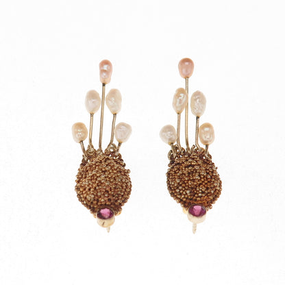 925 Sterling Silver Gold Plated Vintage Real Pearl & Amethyst Modernist Earrings