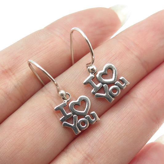 925 Sterling Silver Vintage "I Love You" Dangle Hook Earrings