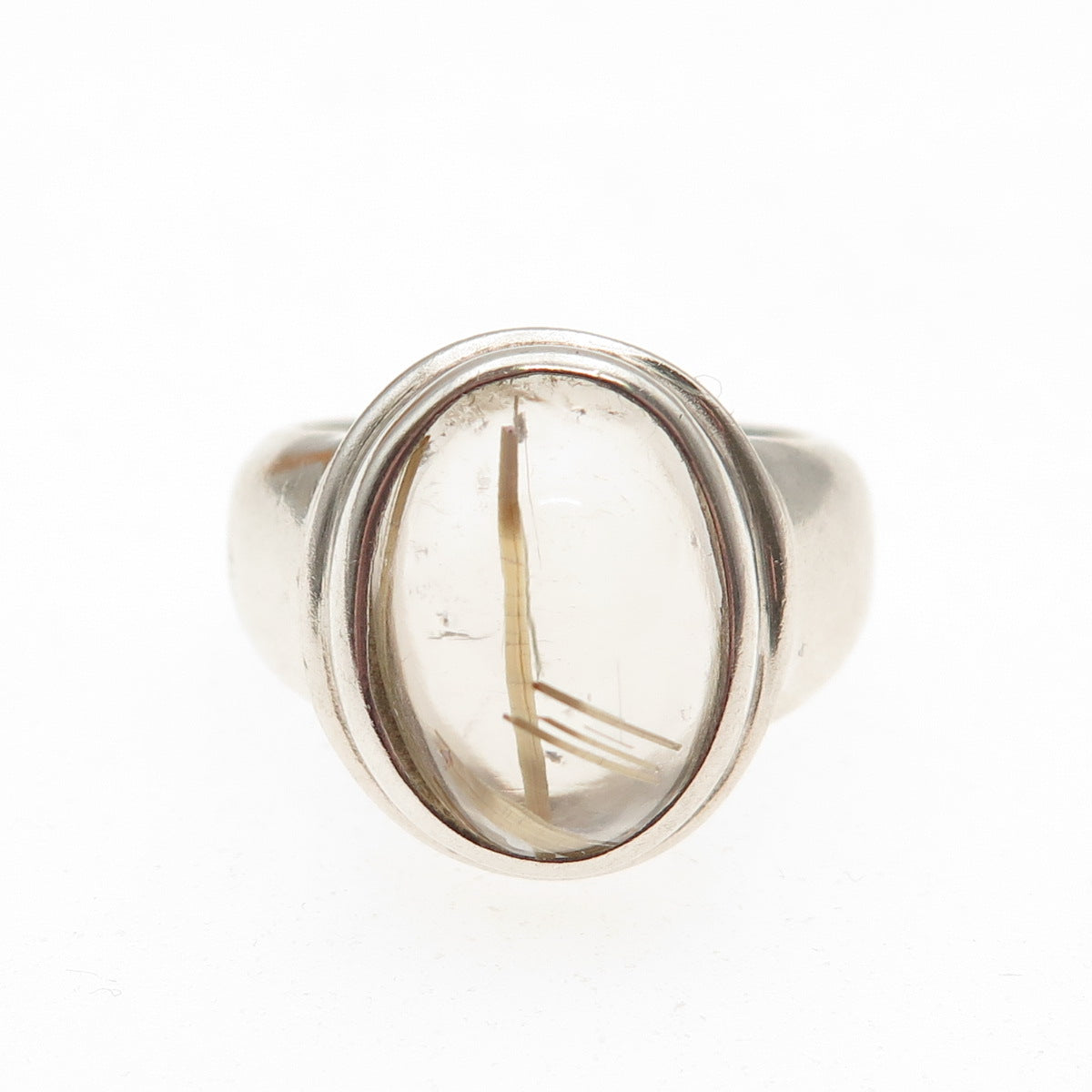 925 Sterling Silver Vintage Real Rutilated Quartz Modernist Ring Size 6