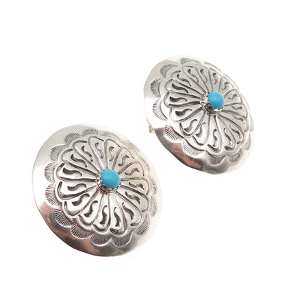 Old Pawn 925 Sterling Silver Vintage Turquoise Snake Eye Concho Tribal Earrings