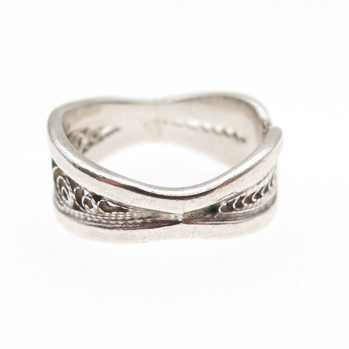 925 Sterling Silver Vintage Modernist Filigree Oxidized Ring Size 5.5