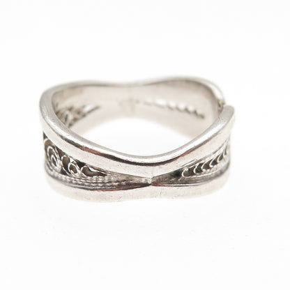 925 Sterling Silver Vintage Modernist Filigree Oxidized Ring Size 5.5