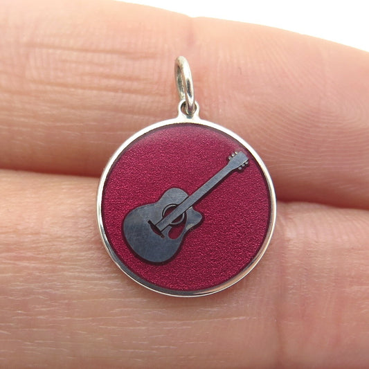 TOKEMOTI 925 Sterling Silver Enamel Guitar Minimalist Round Tag Charm Pendant