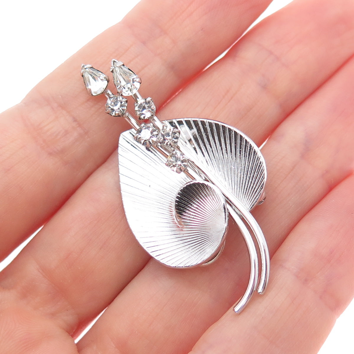 CARL ART 925 Sterling Silver Vintage Rhinestone Floral Leaf Pin Brooch