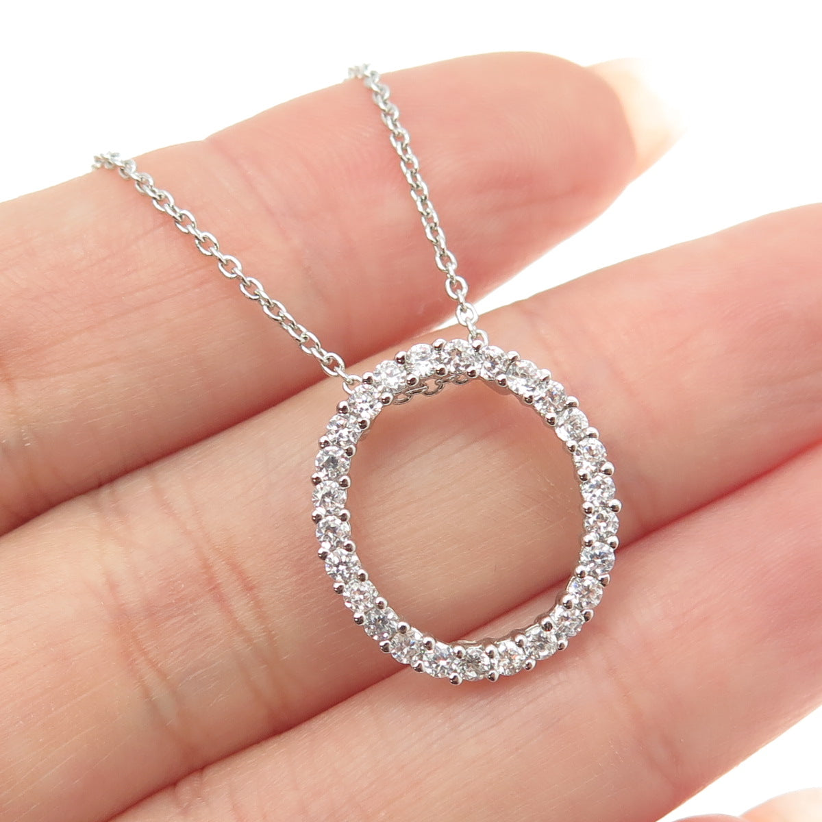 925 Sterling Silver Round-Cut C Z Oval Circle Cable Chain Necklace 16-18"