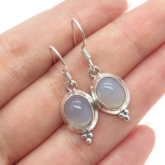 925 Sterling Silver Vintage Real Milky Chalcedony Gemstone Dangle Earrings