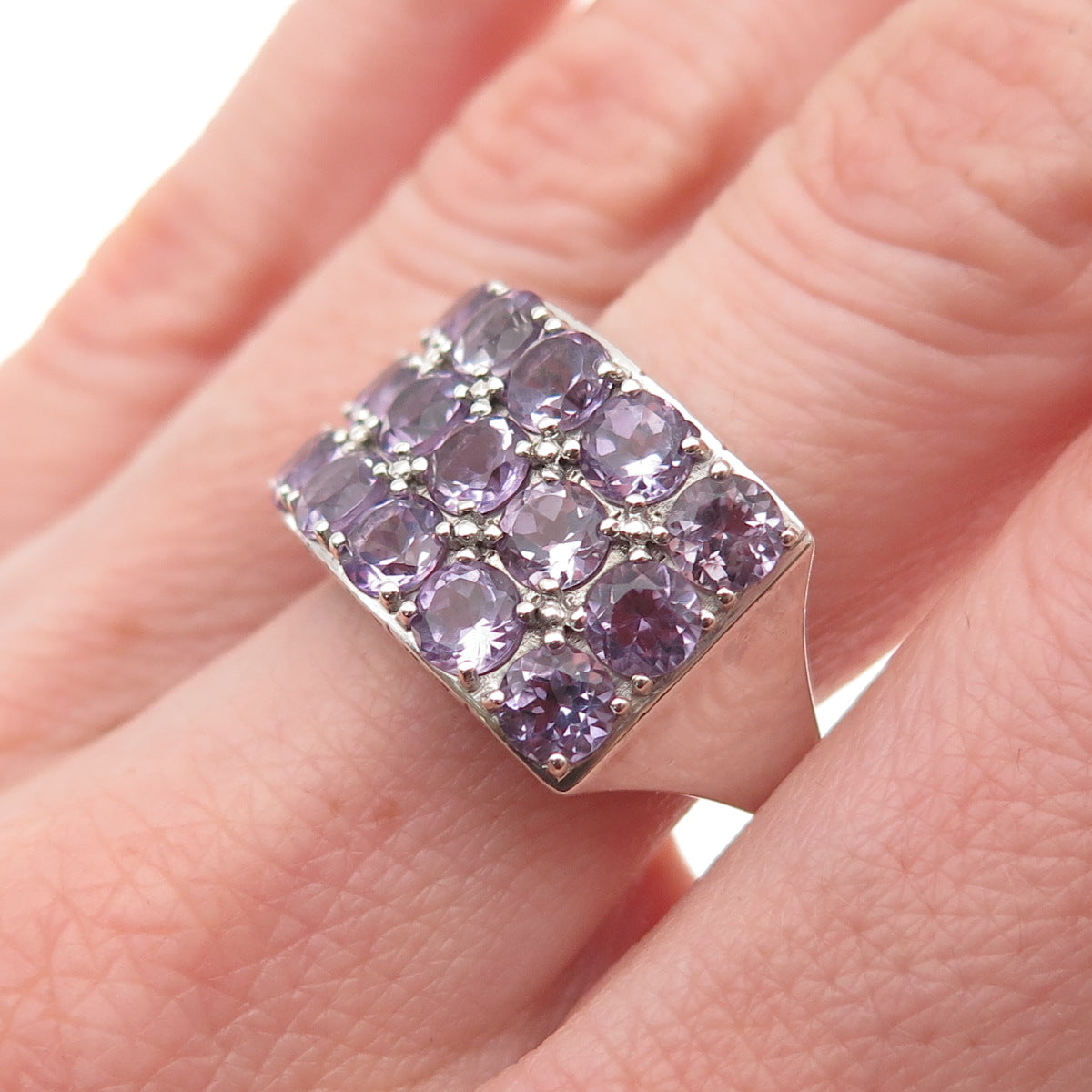 925 Sterling Silver Vintage Real Round-Cut Amethyst Cluster Ring Size 8