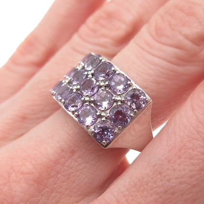 925 Sterling Silver Vintage Real Round-Cut Amethyst Cluster Ring Size 8