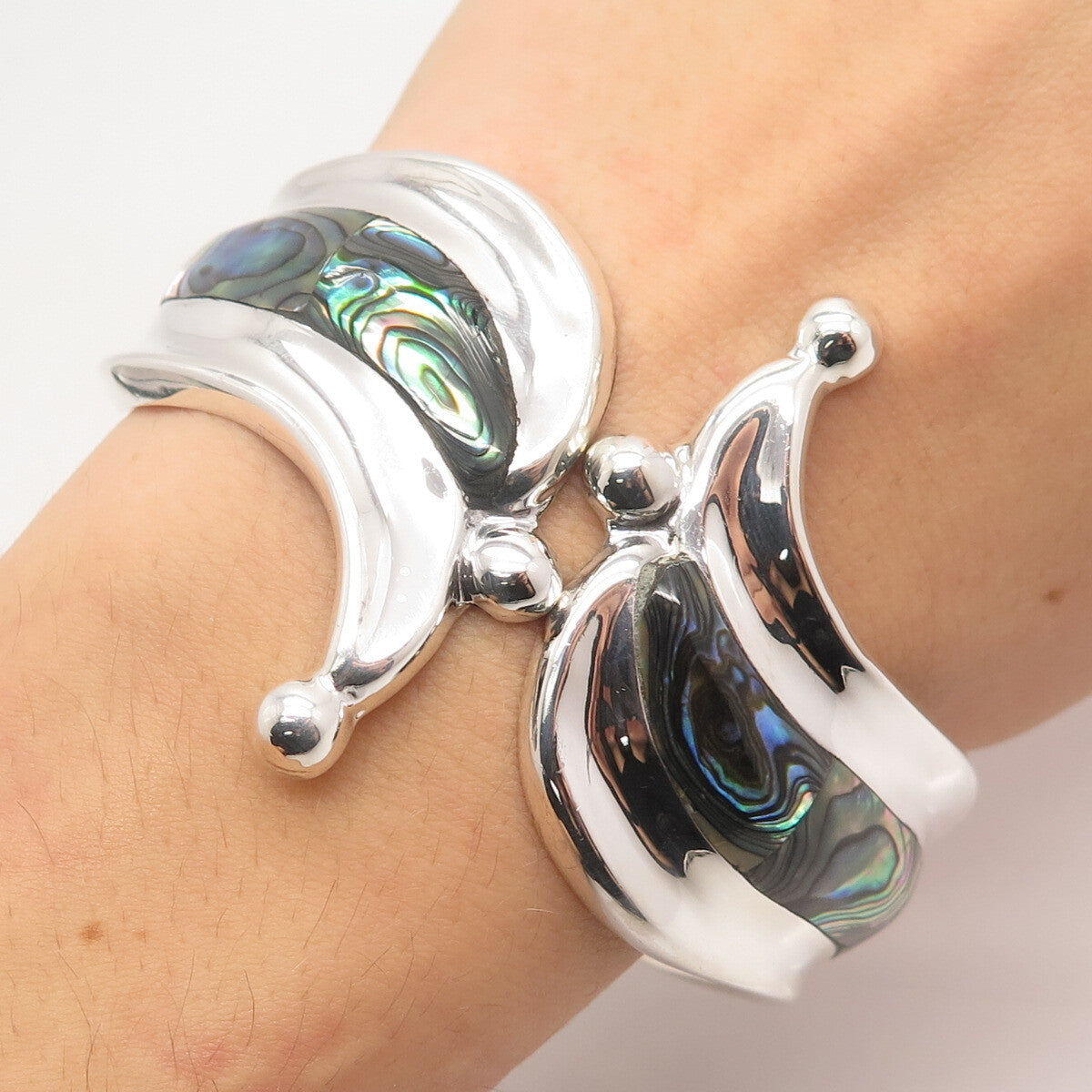 925 Sterling Silver Vintage Mexico Real Abalone Shell Modernist Bracelet 7.25"