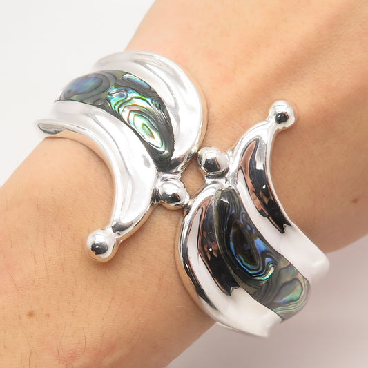 925 Sterling Silver Vintage Mexico Real Abalone Shell Modernist Bracelet 7.25"
