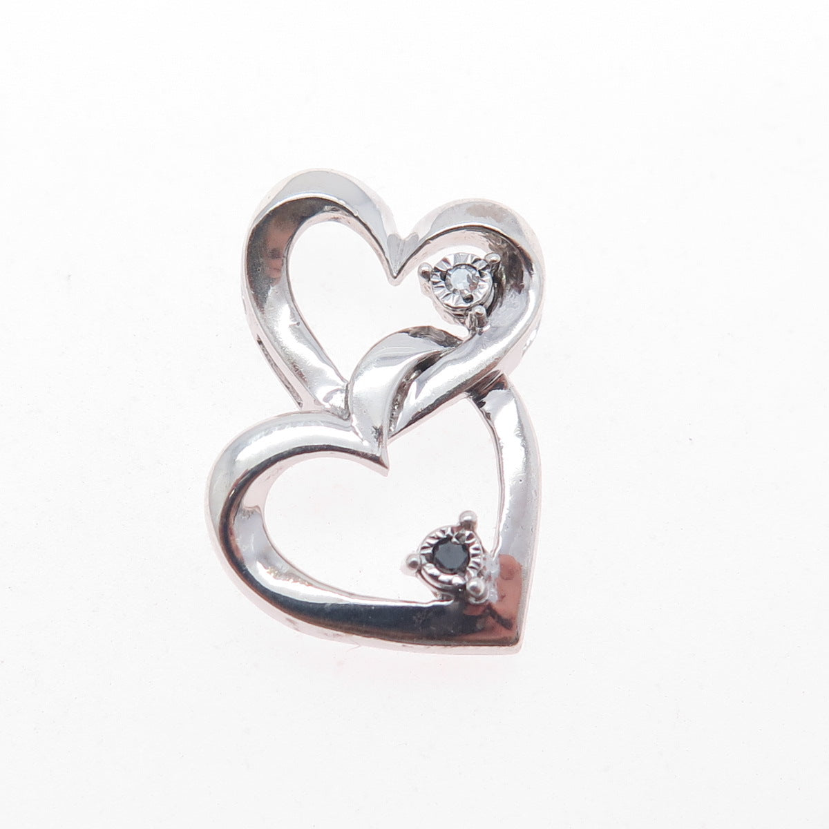 925 Sterling Silver Real Round-Cut Diamond Couple Heart Slide Charm Pendant