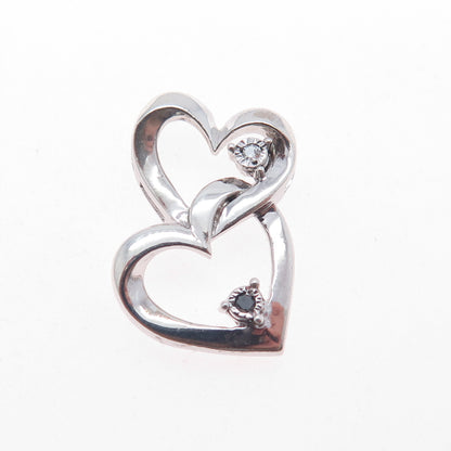 925 Sterling Silver Real Round-Cut Diamond Couple Heart Slide Charm Pendant