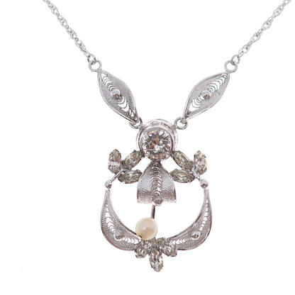 ESPO JOSEPH ESPOSITO Sterling Silver Antique Real Pearl Rhinestone Necklace 16"