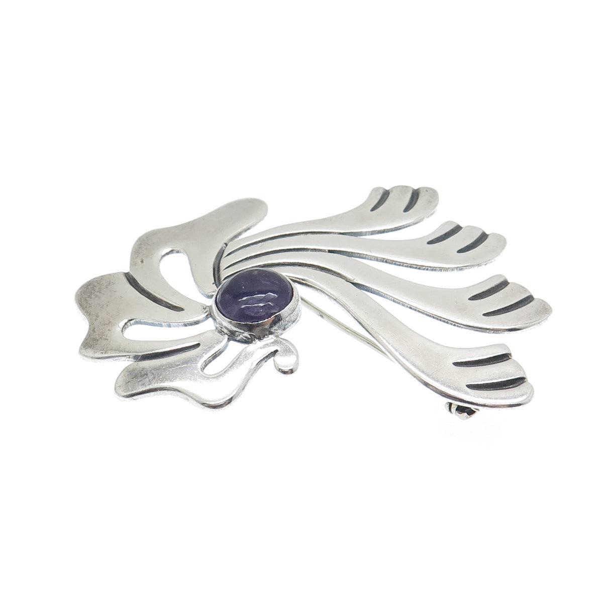 925 Sterling Silver Vintage Mexico Real Amethyst Modernist Pin Brooch