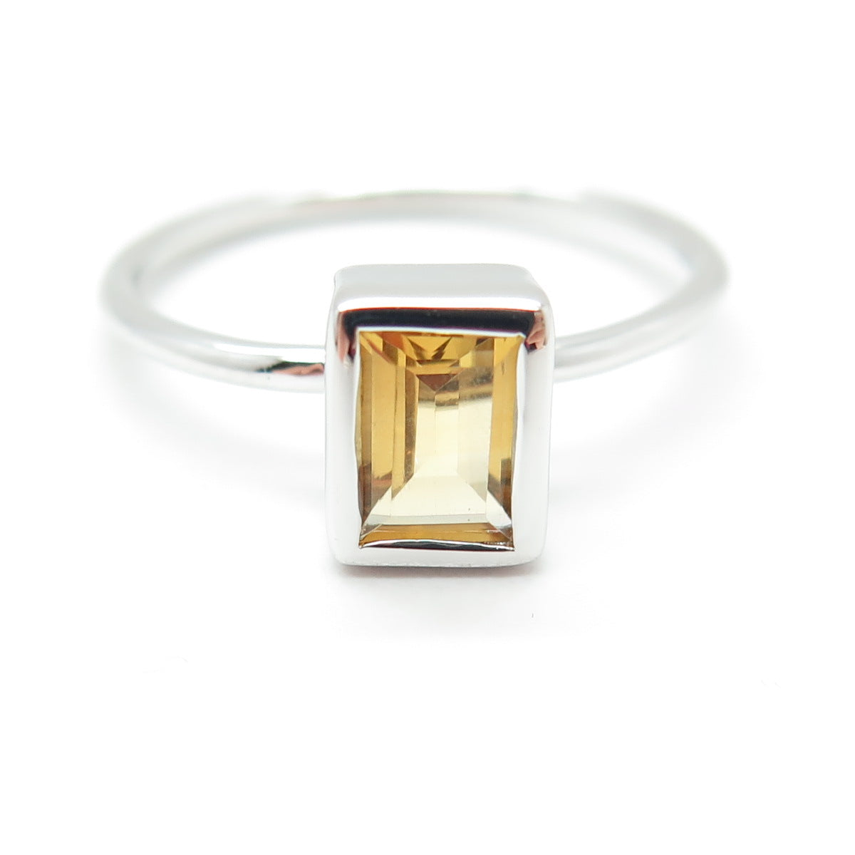 925 Sterling Silver Real Emerald-Cut Citrine Gemstone Minimalist Ring Size 10.5