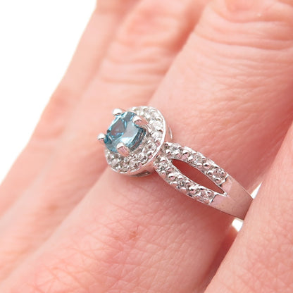 925 Sterling Silver Real Round-Cut Blue Topaz & C Z Ring Size 9