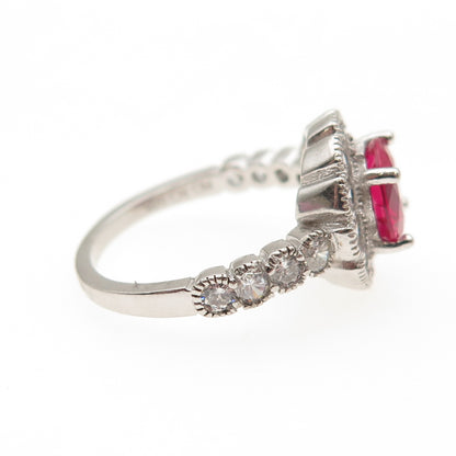 925 Sterling Silver Vintage Round-Cut Lab-Created Ruby & C Z Ring Size 7