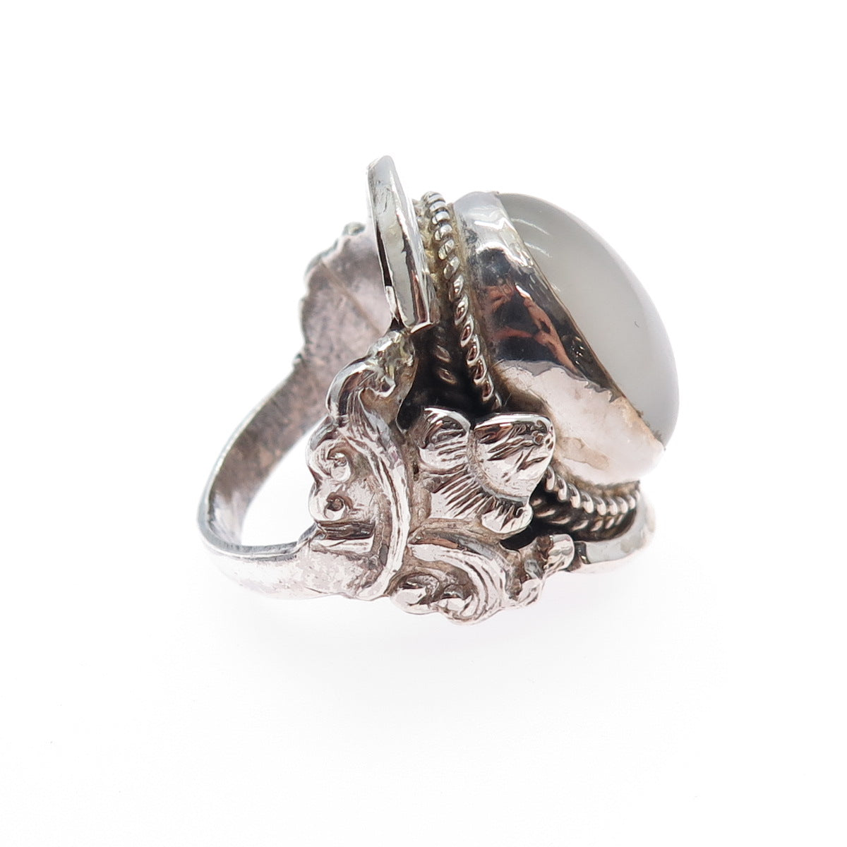 925 Sterling Silver Vintage Real Cabochon Moonstone Flower Ring Size 9.5
