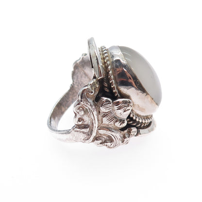 925 Sterling Silver Vintage Real Cabochon Moonstone Flower Ring Size 9.5