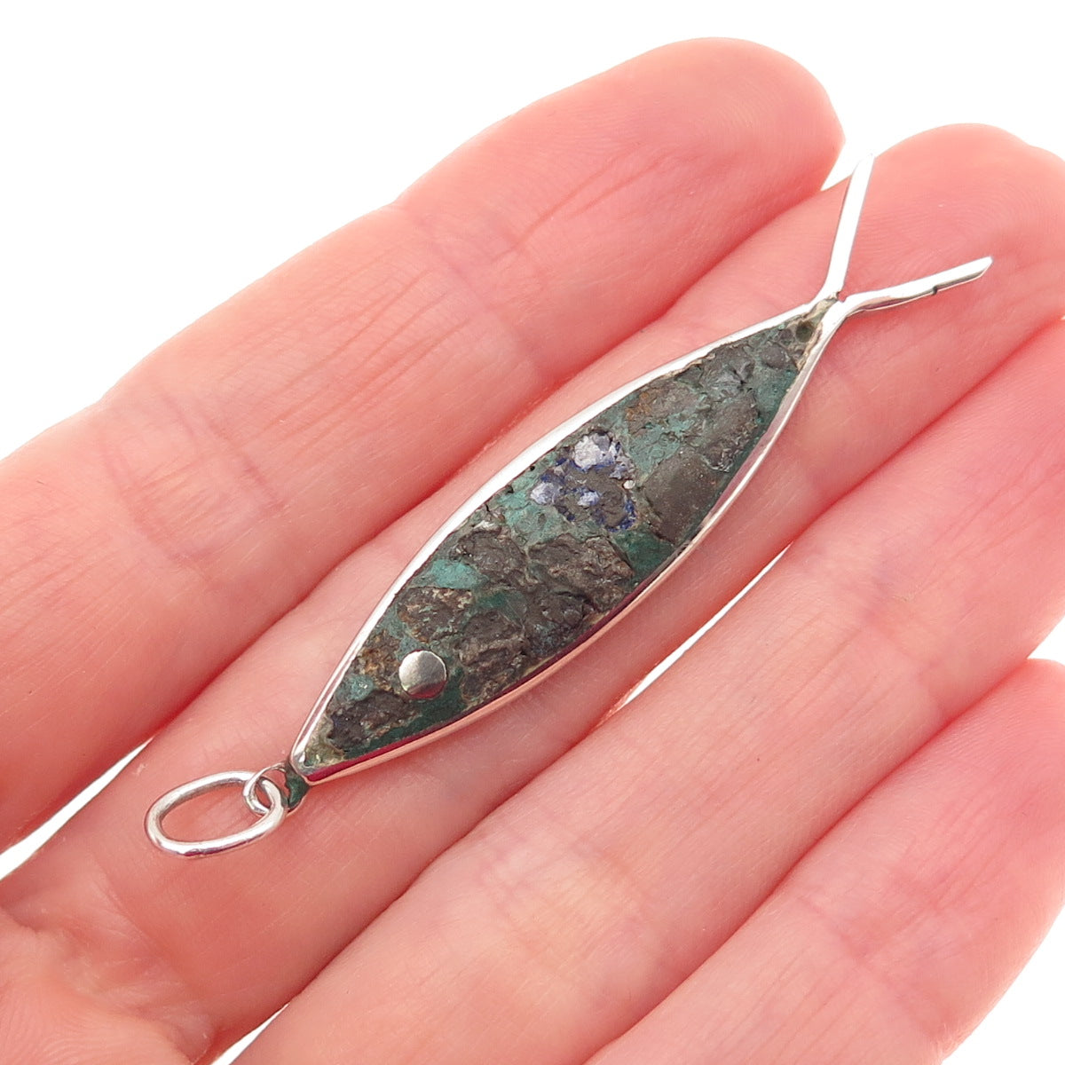 925 Sterling Silver Vintage Mexico Real Azurite Ichthys / Fish Charm Pendant