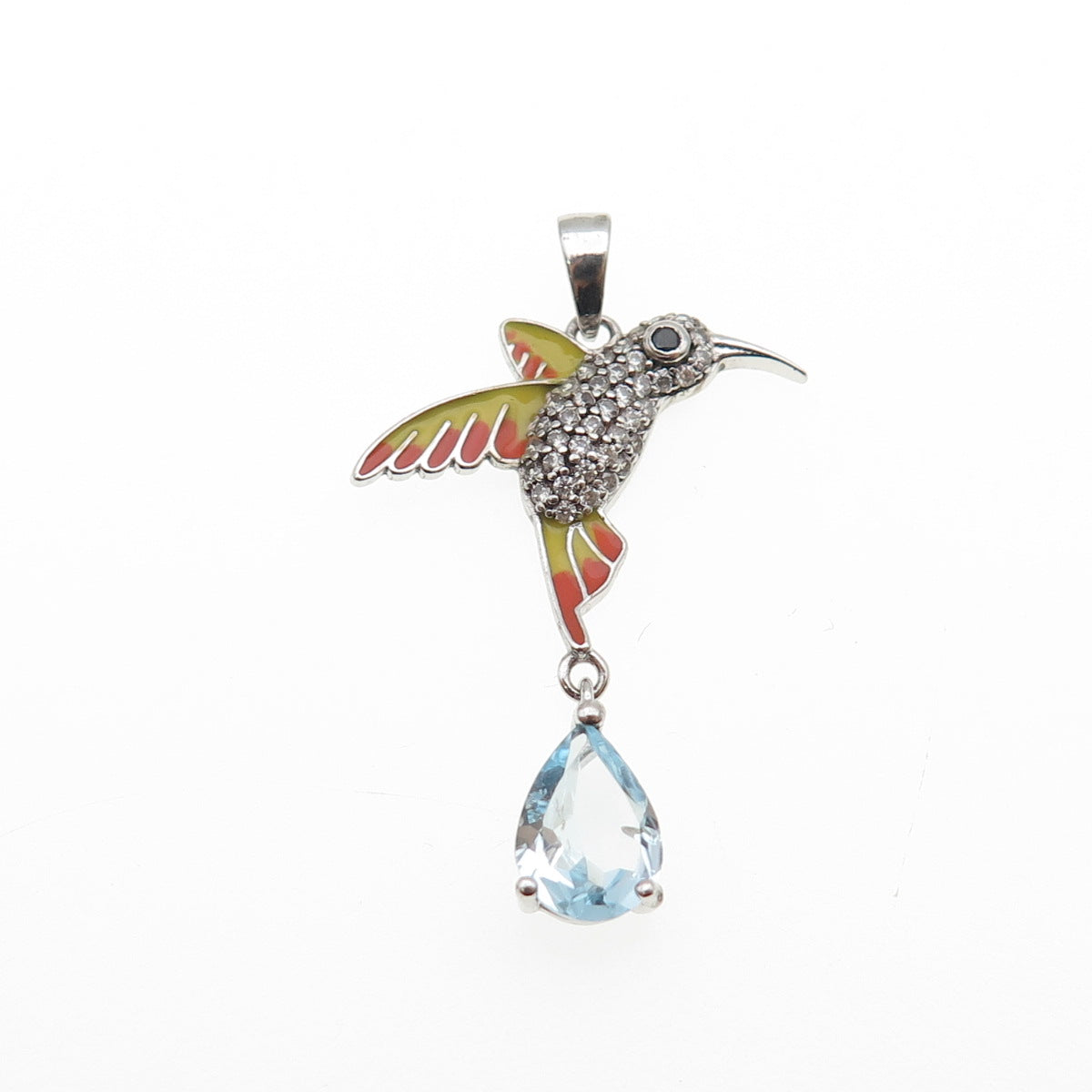 925 Sterling Silver Enamel Real Blue Topaz Black & White C Z Hummingbird Pendant