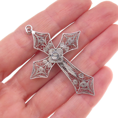 800 Silver Vintage Italy Crucifix Cross Filigree Oxidized Pendant