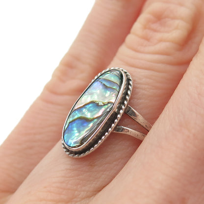 925 Sterling Silver Vintage Mexico Real Abalone Shell Oxidized Ring Size 5.75