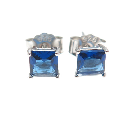 925 Sterling Silver Princess-Cut Dark Blue C Z Stud Earrings
