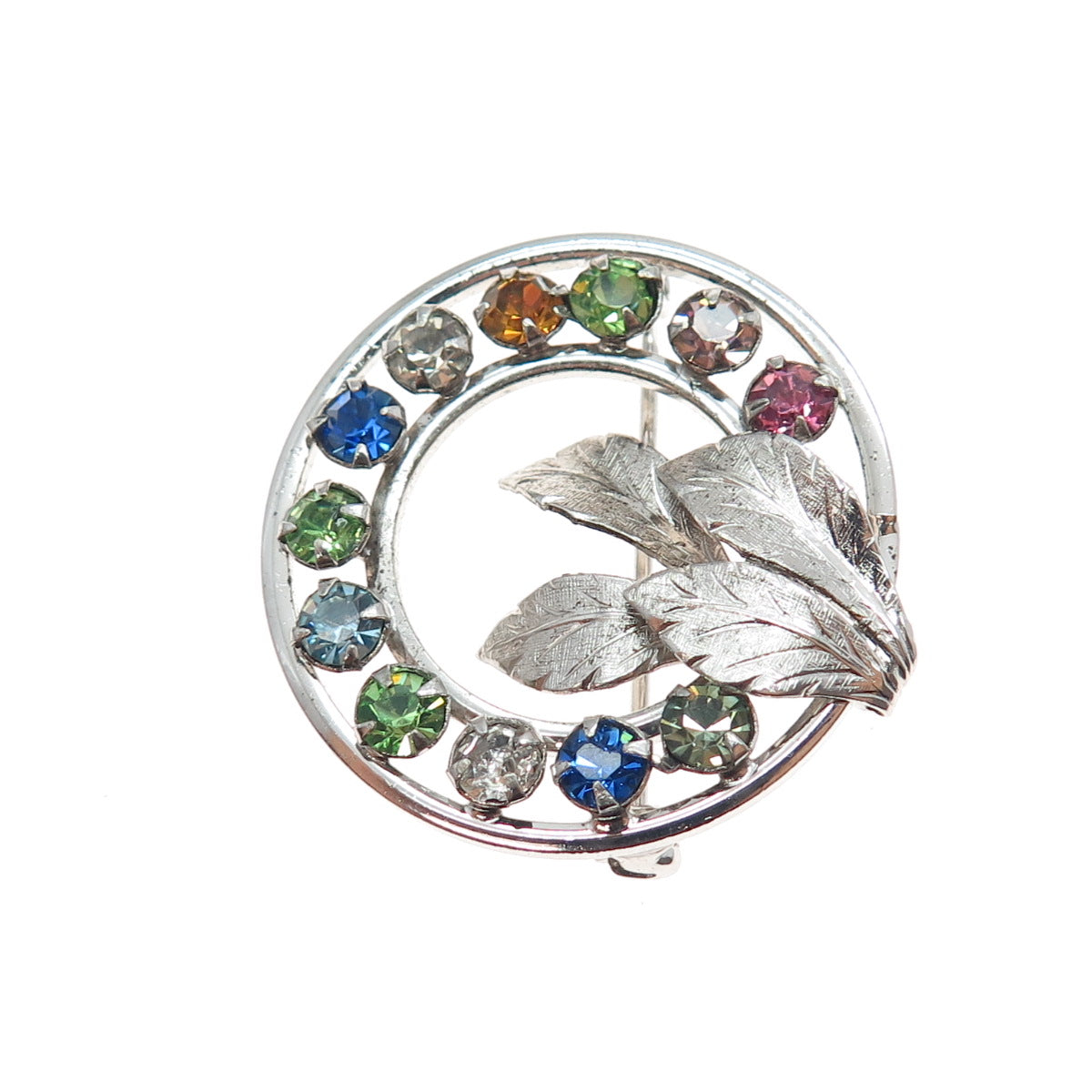 925 Sterling Silver Antique Art Deco Multi-Color Rhinestone Floral Pin Brooch