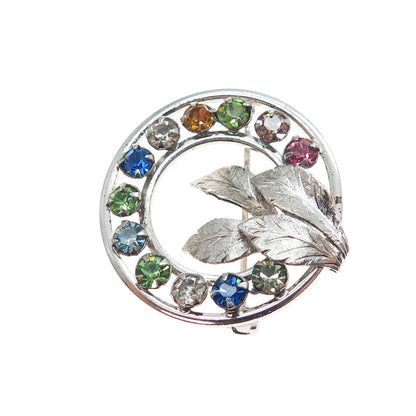 925 Sterling Silver Antique Art Deco Multi-Color Rhinestone Floral Pin Brooch