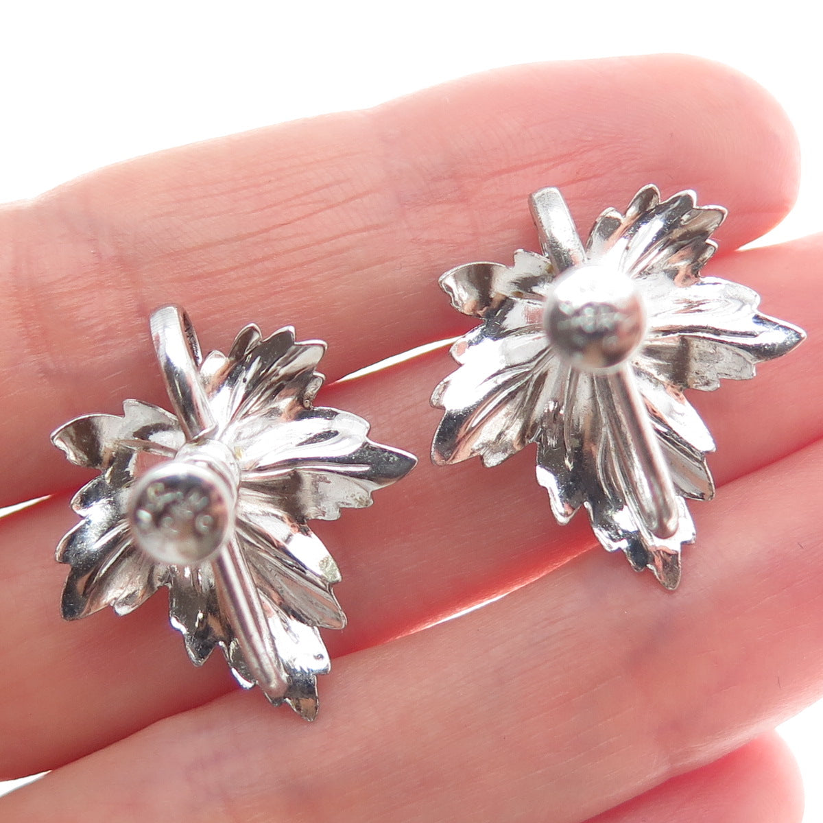 CARL ART 925 Sterling Silver Antique Real Pearl Leaf Screw Back Earrings