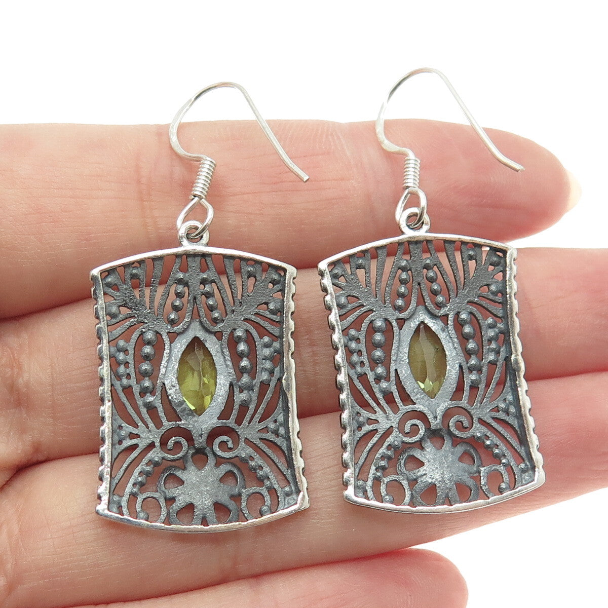 925 Sterling Silver Vintage Real Peridot Flower Oxidized Dangle Earrings