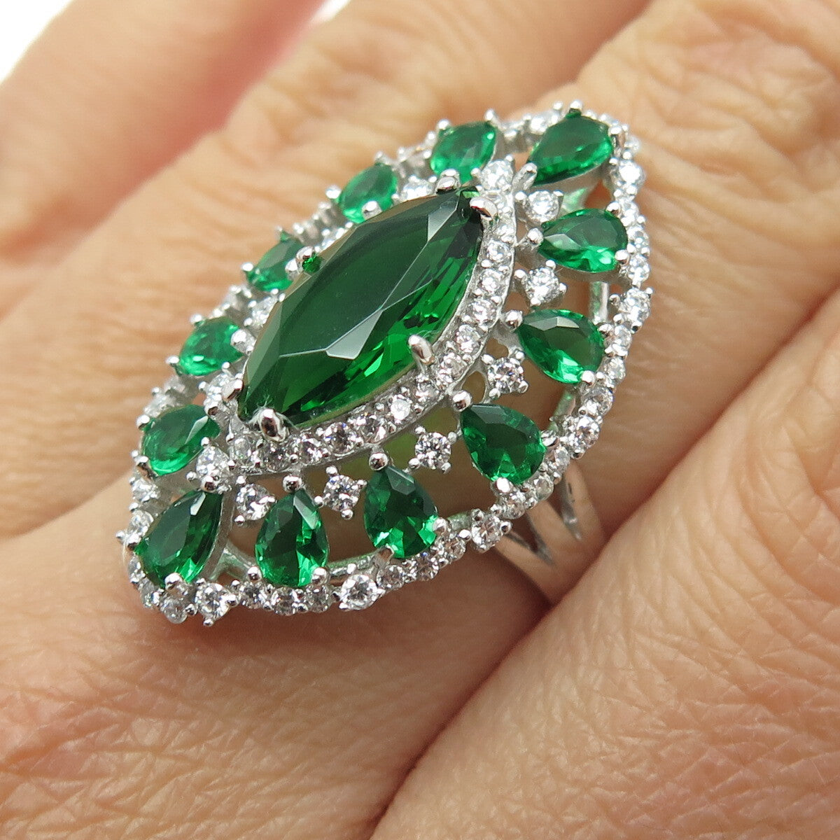DSMK 925 Sterling Silver Marquise & Pear-Cut Nano Emerald & C Z Ring Size 7