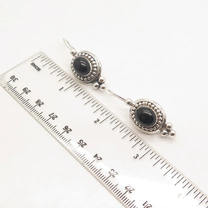 925 Sterling Silver Vintage Sunstone Imports Black Onyx Gem Beaded Earrings