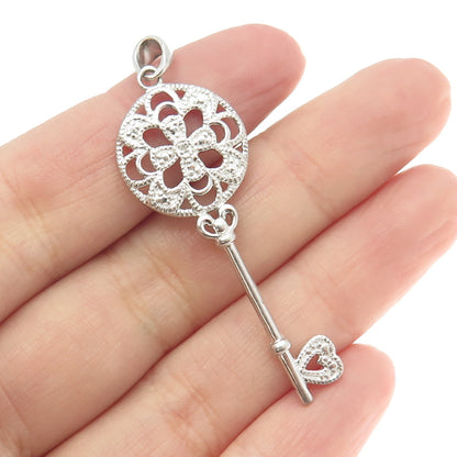 925 Sterling Silver Real White Diamond Ornate Key Pendant