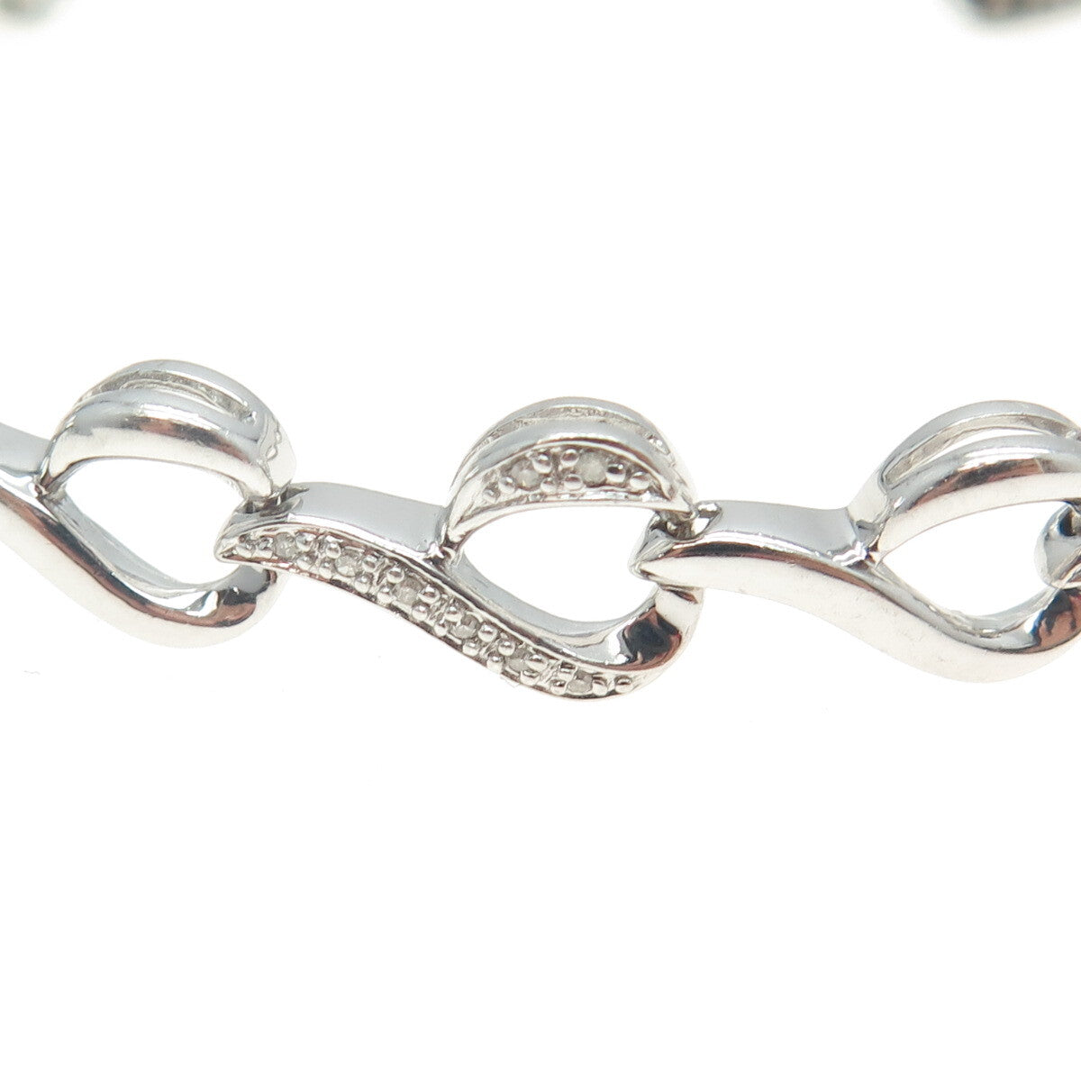 SUN 925 Sterling Silver Real Round-Cut Diamond Heart Link Bracelet 7.25"