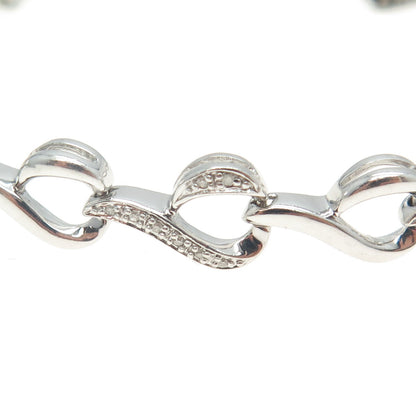 SUN 925 Sterling Silver Real Round-Cut Diamond Heart Link Bracelet 7.25"