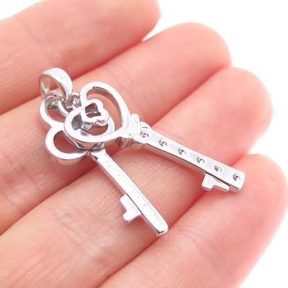 925 Sterling Silver Real Round-Cut Diamond Heart & Club Key Charm Pendant