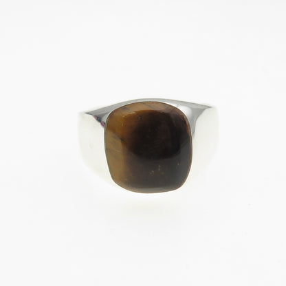 925 Sterling Silver Vintage Mexico Real Tiger Eye Modernist Ring Size 11.25